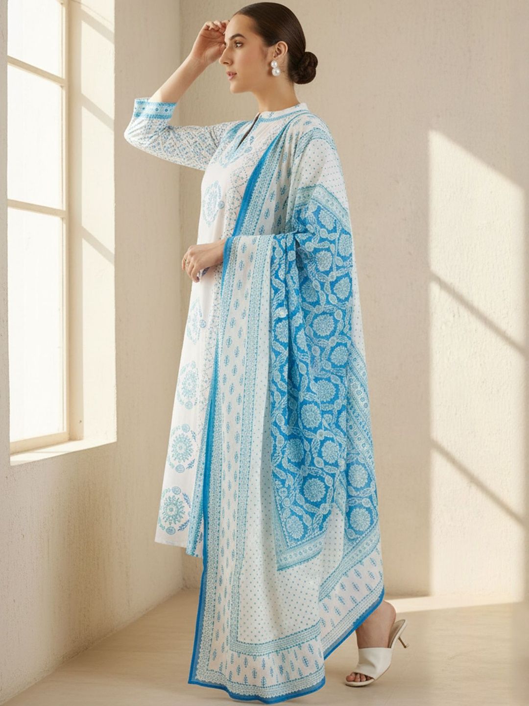 Ethnic Motifs Printed Notch Neck Pure Cotton Kurta With Trouser & Dupatta