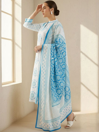 Ethnic Motifs Printed Notch Neck Pure Cotton Kurta With Trouser & Dupatta