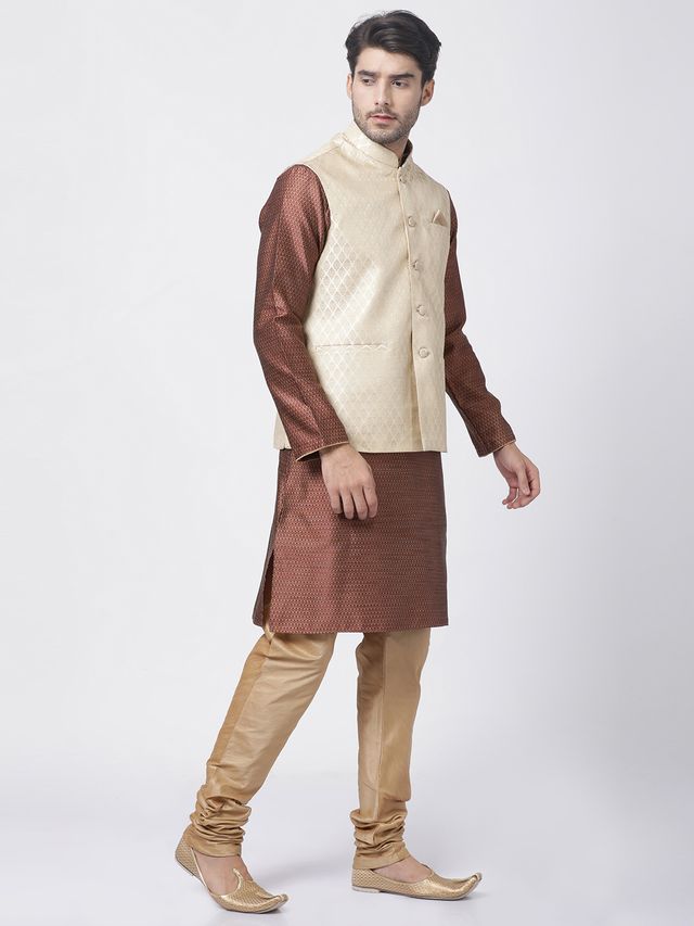 Men's Maroon Silk Blend Straight Jacket  Kurta and Pyjama Set