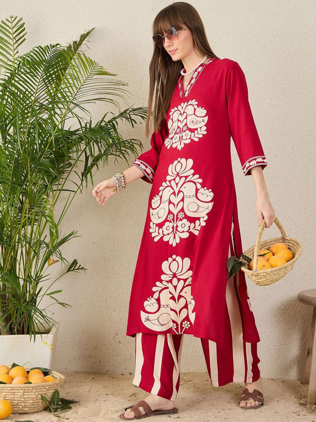 Dhiyona IE Printed Mandarin Collar Tunic With Trousers