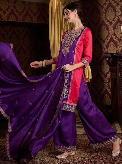 Dhiyona CH Ethnic Motifs Embroidered Thread Work Kurta With Palazzos & Dupatta