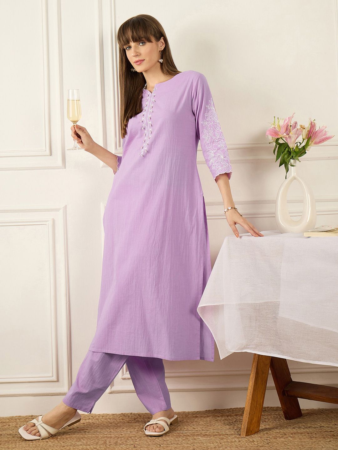 Floral Printed Thread Work Pure Cotton Kurta With Palazzos