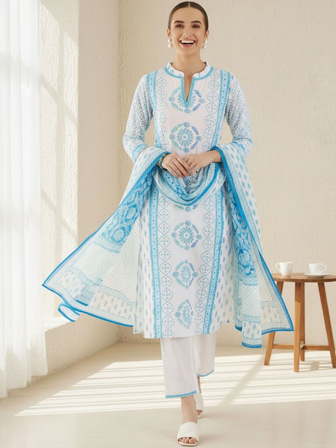 Ethnic Motifs Printed Notch Neck Pure Cotton Kurta With Trouser & Dupatta