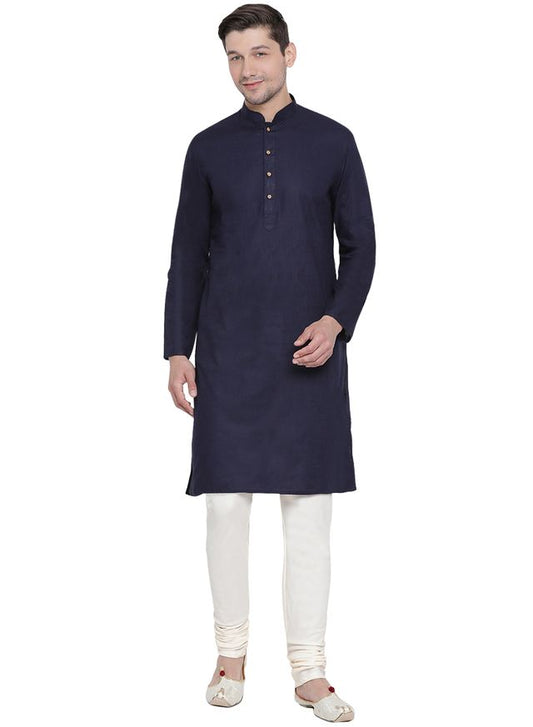 Men's Navy Blue Cotton Linen Straight Kurta Pyjama Set