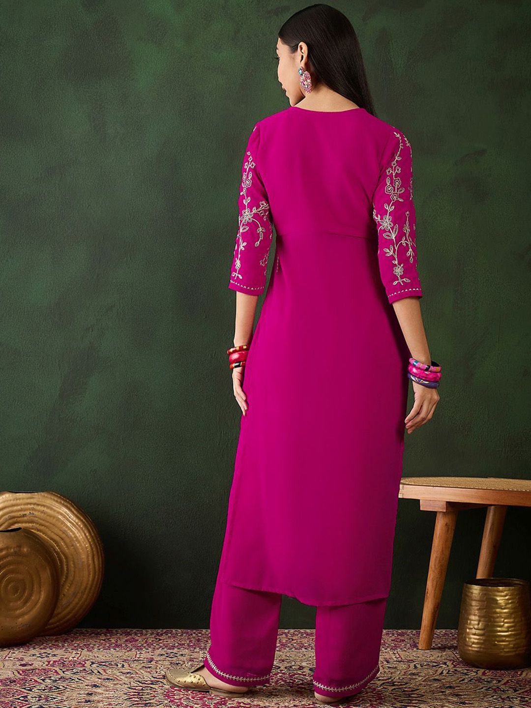 Dhiyona SN Women's Alina Cut Floral Yoke Design High Slit Zari Fusion Kurta With Trousers