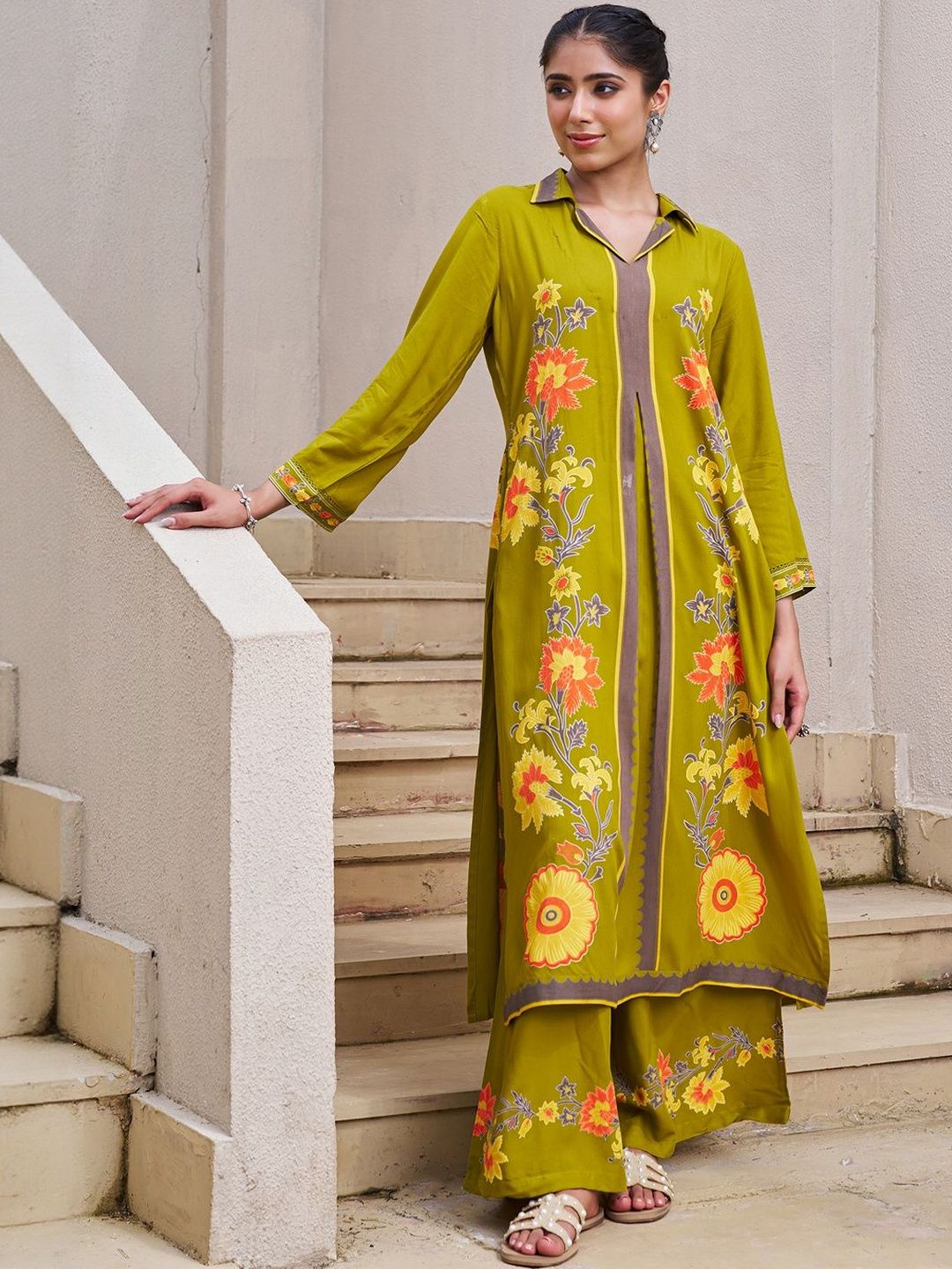 Women Floral Printed Shirt Collar Straight Kurta with Palazzos