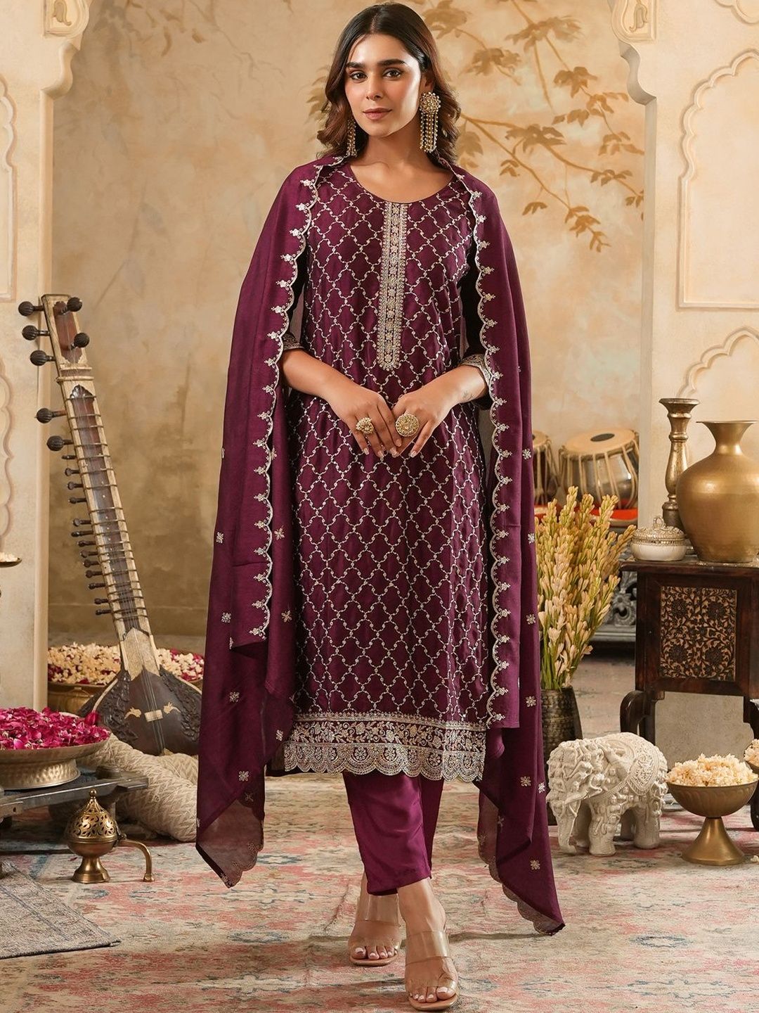 Dhiyona IE Women Geometric Embroidered Kurta with Trousers & Dupatta