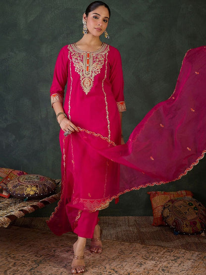 Women Ethnic Motifs Embroidered Regular Thread Work Kurta with Trousers & With Dupatta