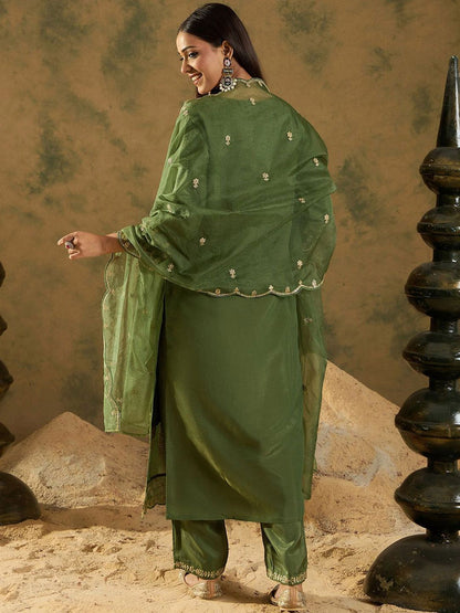 Dhiyona IE Ethnic Motifs Embroidered Gotta Patti Straight Kurta With Trousers & Dupatta