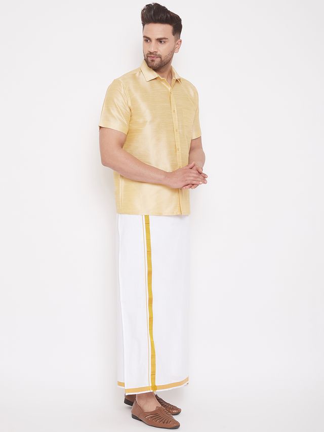 Men's Gold Silk Blend Straight Shirt And Mundu