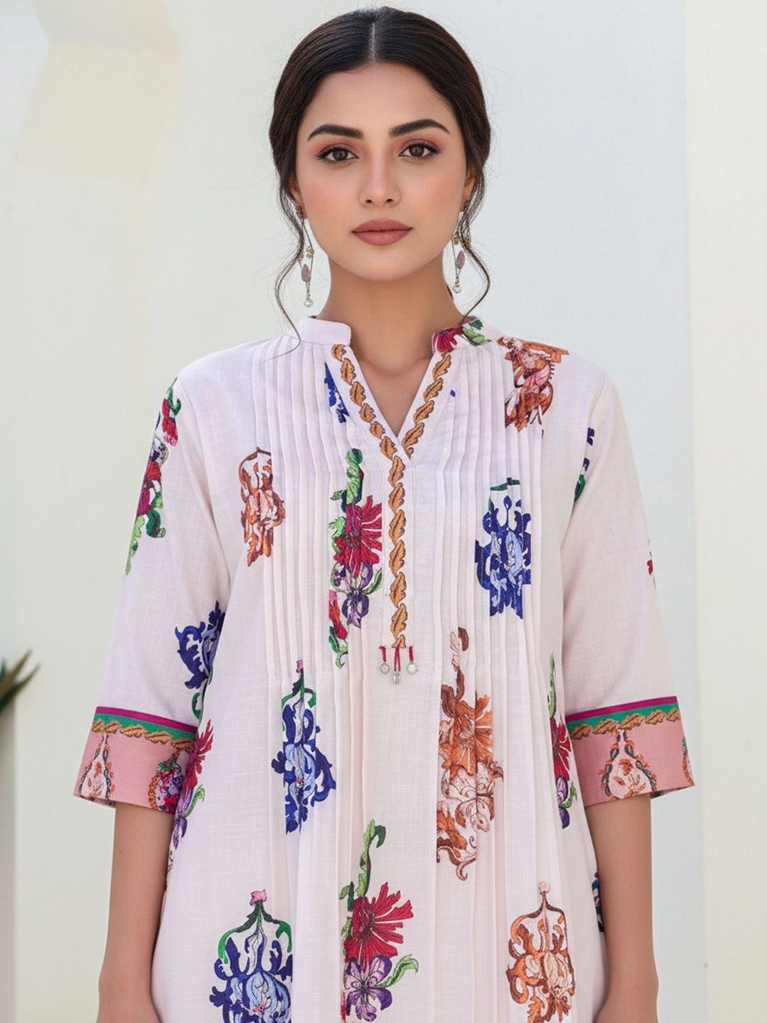 Floral Printed Pleated Pure Cotton Mandarin Collar Kurta With Trouser