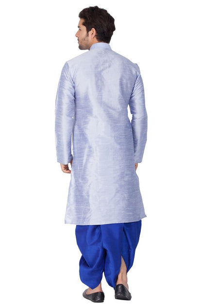 Men's Bluish White Silk Blend Straight Kurta and Dhoti Set