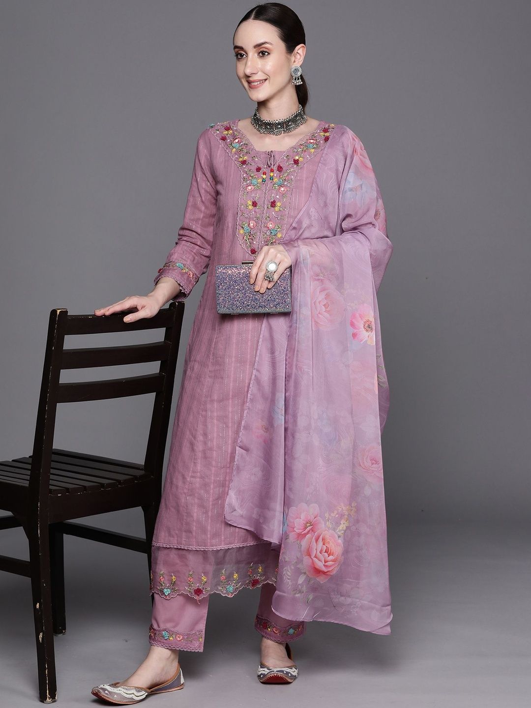 Women Floral Embroidered Cotton Kurta with Trousers & Dupatta