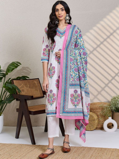 Women Floral Printed Regular Pure Cotton Kurta with Trousers & With Dupatta