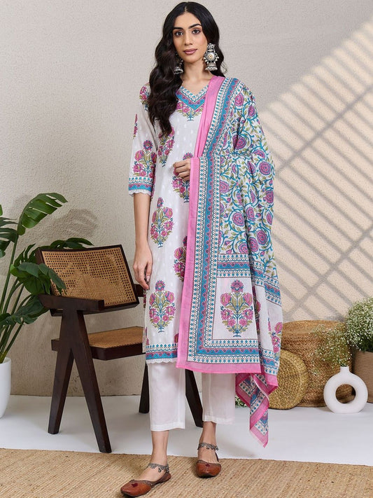 Women Floral Printed Regular Pure Cotton Kurta with Trousers & With Dupatta