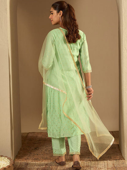 Dhiyona IE Floral Embroidered Chanderi Silk Straight Kurta With Trousers & Dupatta