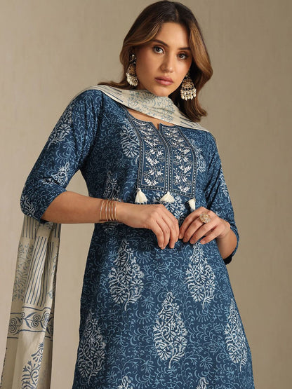 Dhiyona SO Women's Women Printed Calf Length Thread Work Straight Kurta with Trousers & With Dupatta