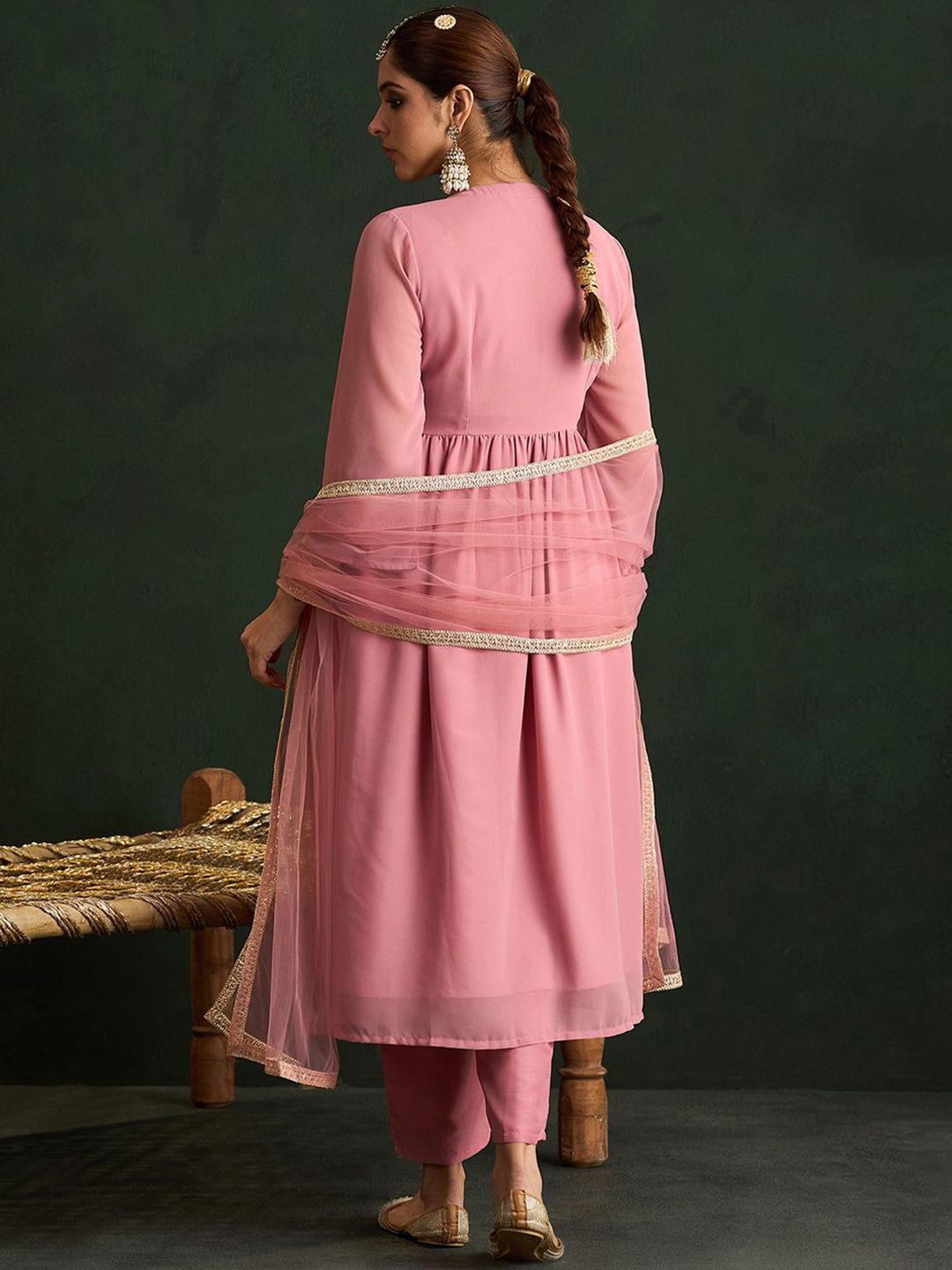 Mauve Paisley Embroidered V-Neck Georgette A-Line Kurta with Trousers & Dupatta