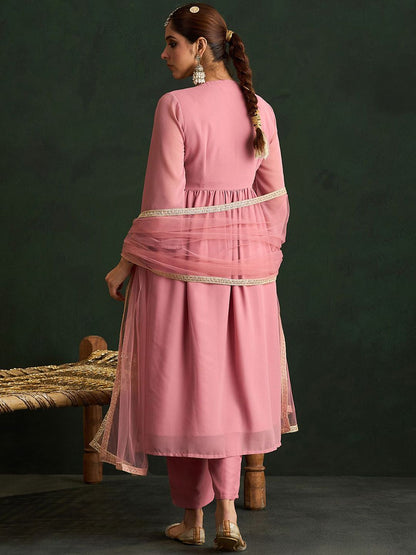 Mauve Paisley Embroidered V-Neck Georgette A-Line Kurta with Trousers & Dupatta