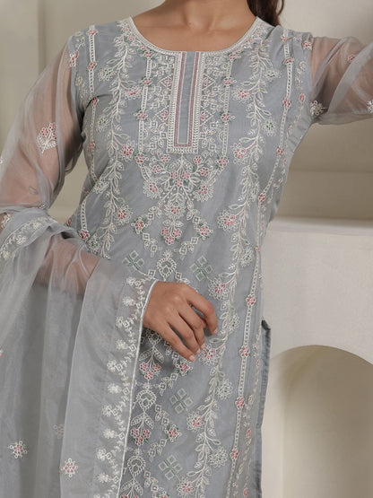 Floral Embroidered Thread Work Organza Straight Kurta & Trousers With Dupatta