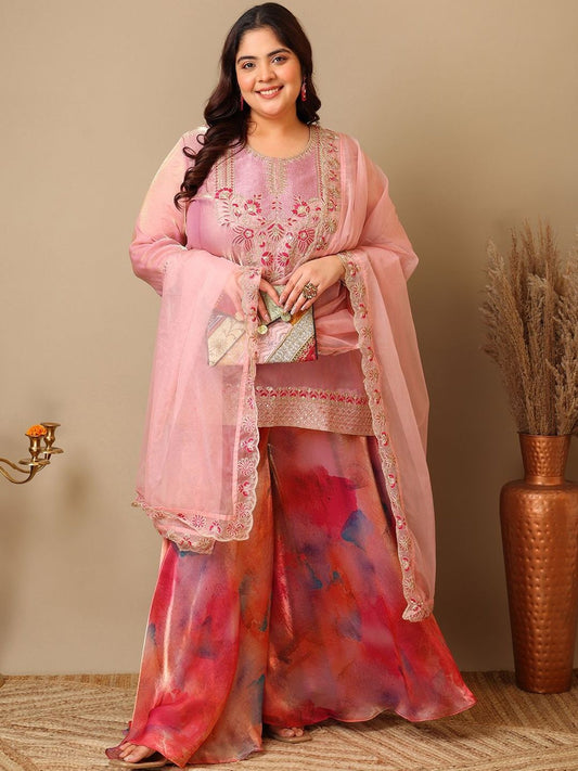 Dhiyona IN Plus Size Women Zari Thread Embroidered Crushed Organza Kurta Set with Dupatta