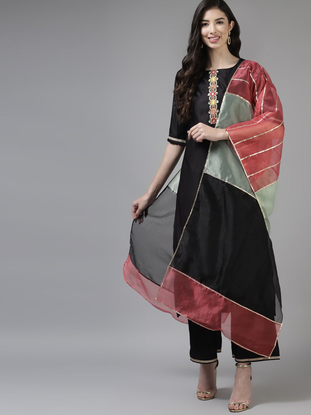 Women Black & Pink Floral Embroidered Kurta with Palazzos & With Dupatta