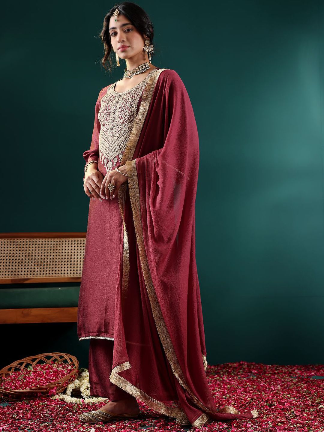Dhiyona VA Women's Ethnic Motifs Embroidered Regular Thread Work Kurta with Palazzos & With Dupatta