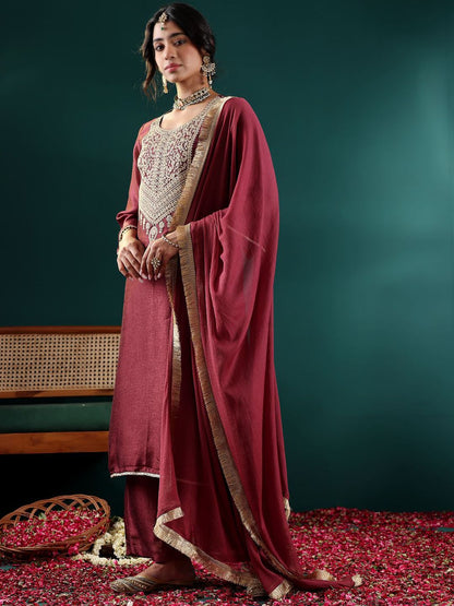 Dhiyona VA Women's Ethnic Motifs Embroidered Regular Thread Work Kurta with Palazzos & With Dupatta