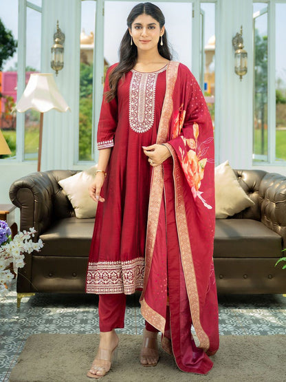 Ethnic Motifs Embroidered Sequinned A Line Kurta With Trousers & Dupatta
