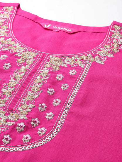 Dhiyona VA Women's Floral Yoke Design Regular Thread Work Kurta with Trousers & Dupatta