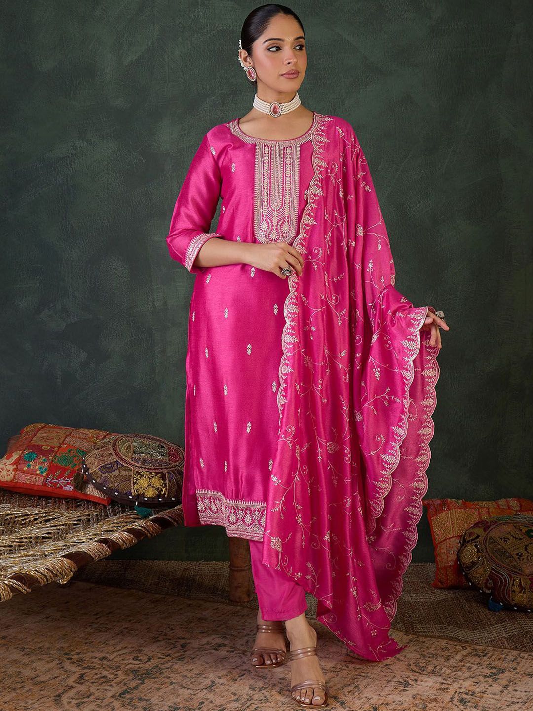 Women Ethnic Motifs Embroidered Kurta with Trousers & Dupatta