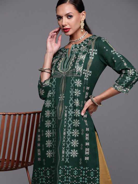 Dhiyona IE Women Green & Grey Ethnic Motifs Foil Print Regular Kurta with Palazzos