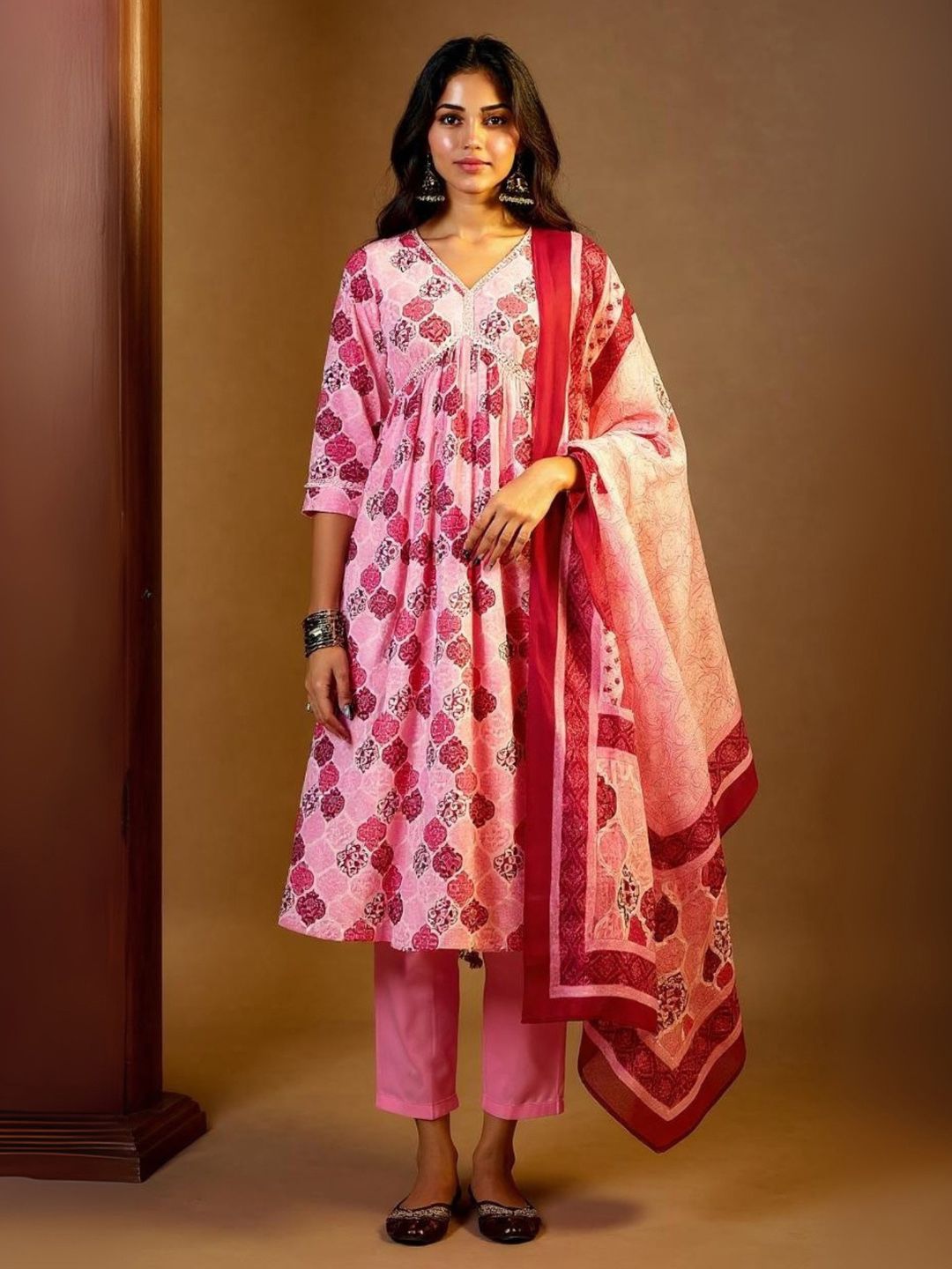 Dhiyona IE Printed Mirror Work Pure Cotton Kurta With Trousers & Dupatta