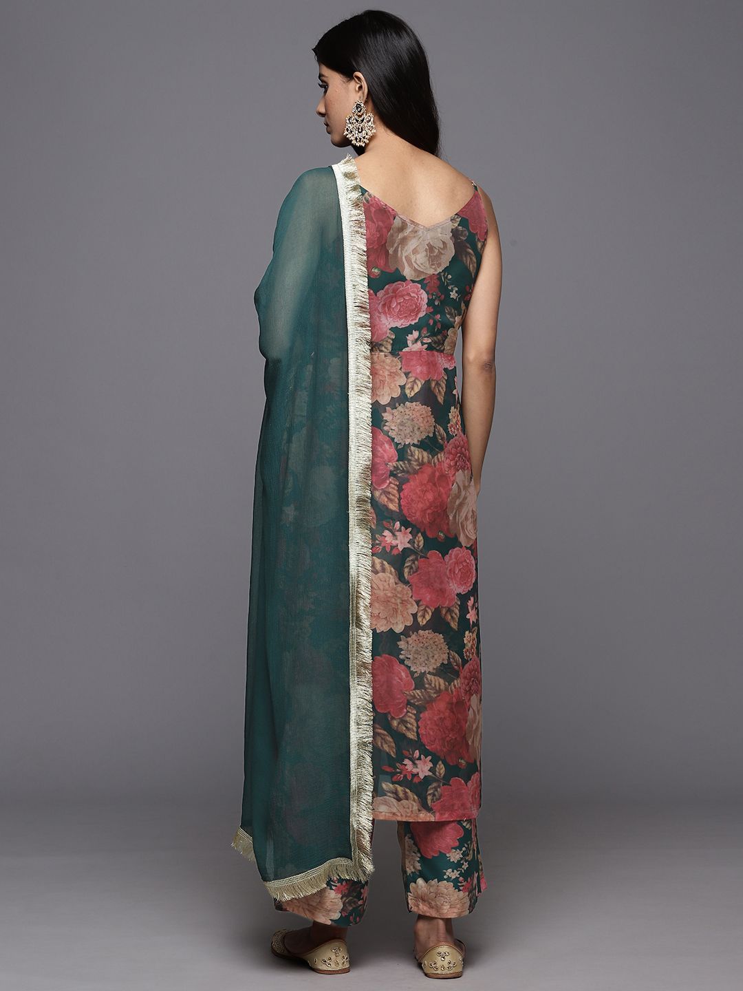 Dhiyona VA Women'sFloral Printed Zari Kurta With Palazzos & Dupatta