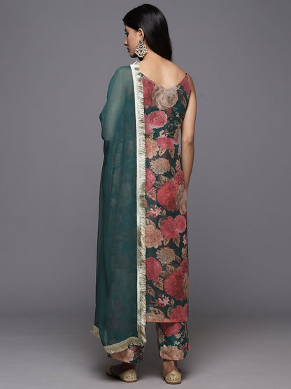 Dhiyona VA Women'sFloral Printed Zari Kurta With Palazzos & Dupatta