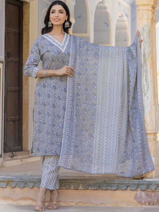 Dhiyona VA Women'sPaisley Printed Regular Thread Work Kurta with Trousers & With Dupatta