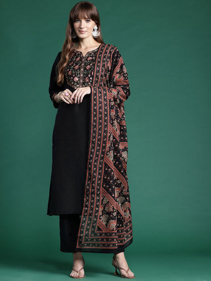 Dhiyona IE Floral Yoke Design Thread Work Kurta With Trousers & Dupatta