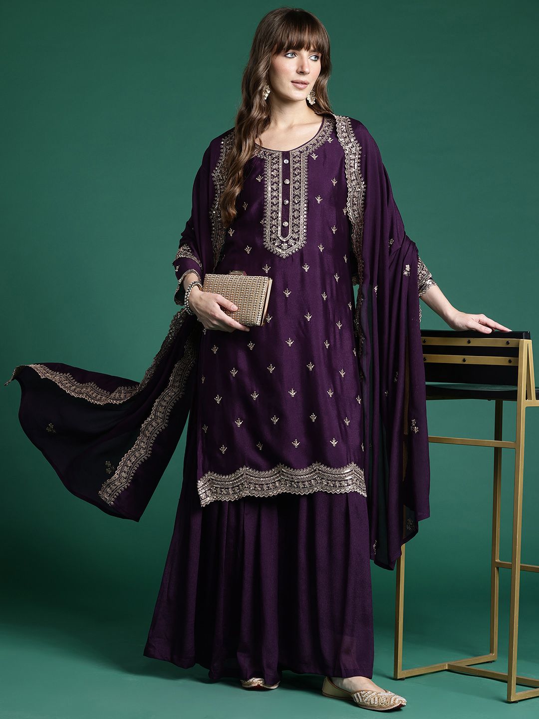 Dhiyona IE Ethnic Motifs Embroidered Regular Sequinned Kurta with Sharara & Dupatta
