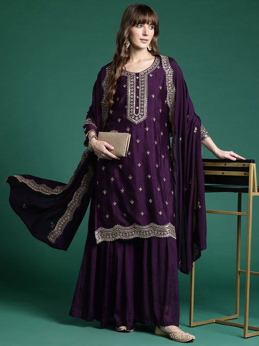 Dhiyona IE Ethnic Motifs Embroidered Regular Sequinned Kurta with Sharara & Dupatta