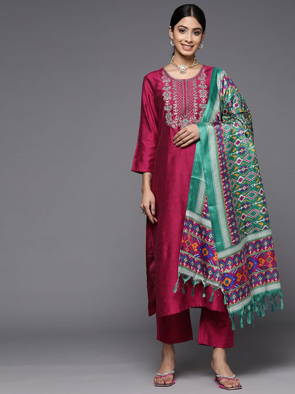 Dhiyona VA Women'sEthnic Motifs Embroidered Dupion Silk Kurta With Trousers & With Dupatta