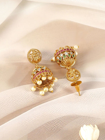 Dhiyona RJ Women's 22KT Gold-Plated Cubic Zirconia Studded Laxmi Temple Jewellery Set