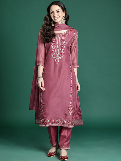 Floral Embroidered Regular Thread Work Kurta with Trousers & With Dupatta
