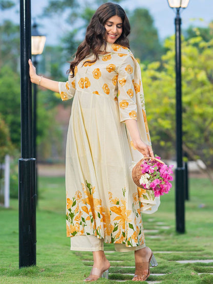 Women Floral Printed Regular Pure Cotton Kurta with Trousers & Dupatta