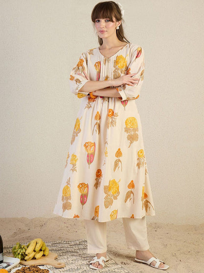 Floral Printed Pleated V-Neck Pure Cotton A-Line Kurta With Trousers