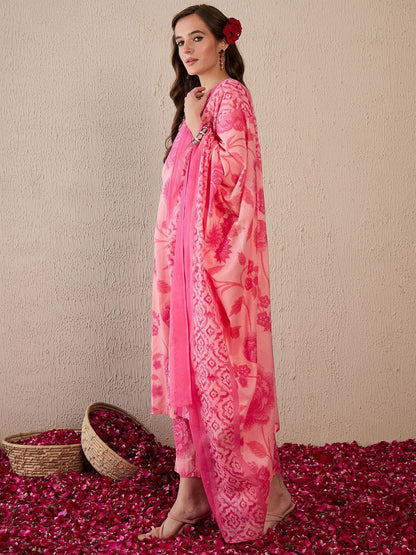 Dhiyona IE Women Floral Printed Regular Pure Cotton Kurta with Trousers & With Dupatta