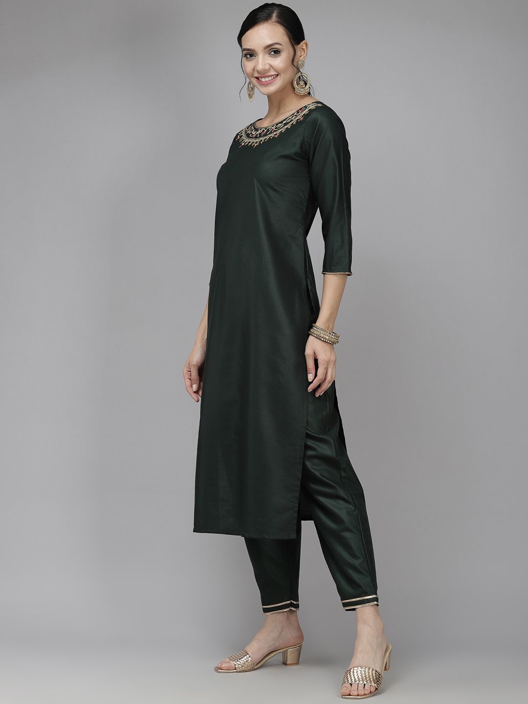 Women Green Ethnic Motifs Regular Liva Kurta with Trousers & Dupatta
