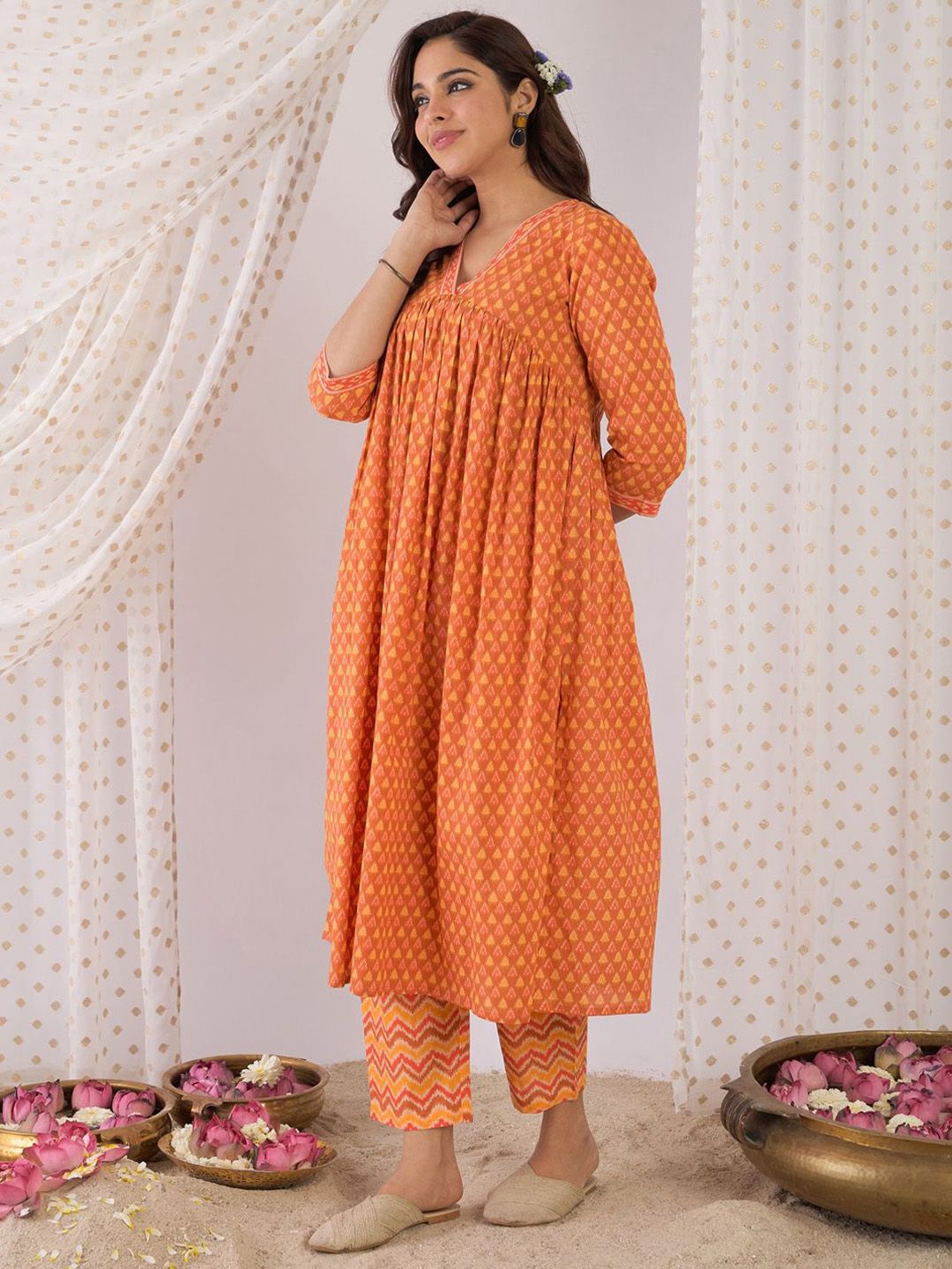 Floral Printed Empire Pure Cotton A-Line Kurta With Trousers