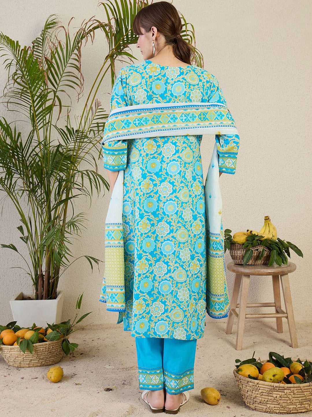 Women Floral Printed Cotton Kurta with Trousers & Dupatta