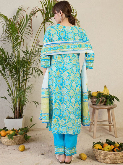 Women Floral Printed Cotton Kurta with Trousers & Dupatta
