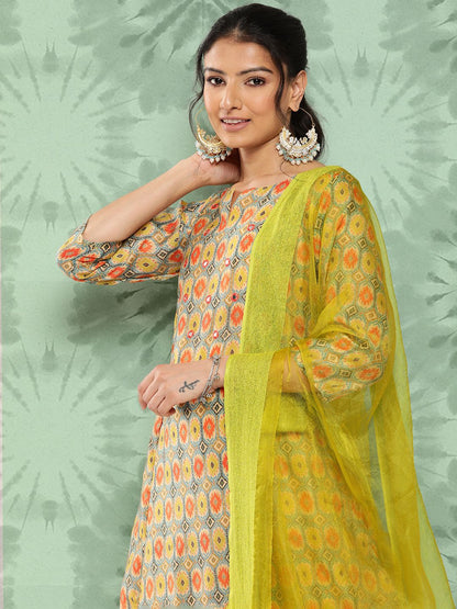 Dhiyona VA Women's Ethnic Motifs Printed Panelled Kurta with Trousers & With Dupatta